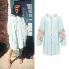 Tassel Lantern Sleeve Boho Dress Cyan / S