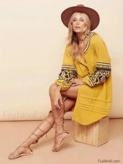 Tassel Lantern Sleeve Boho Dress Gold / S