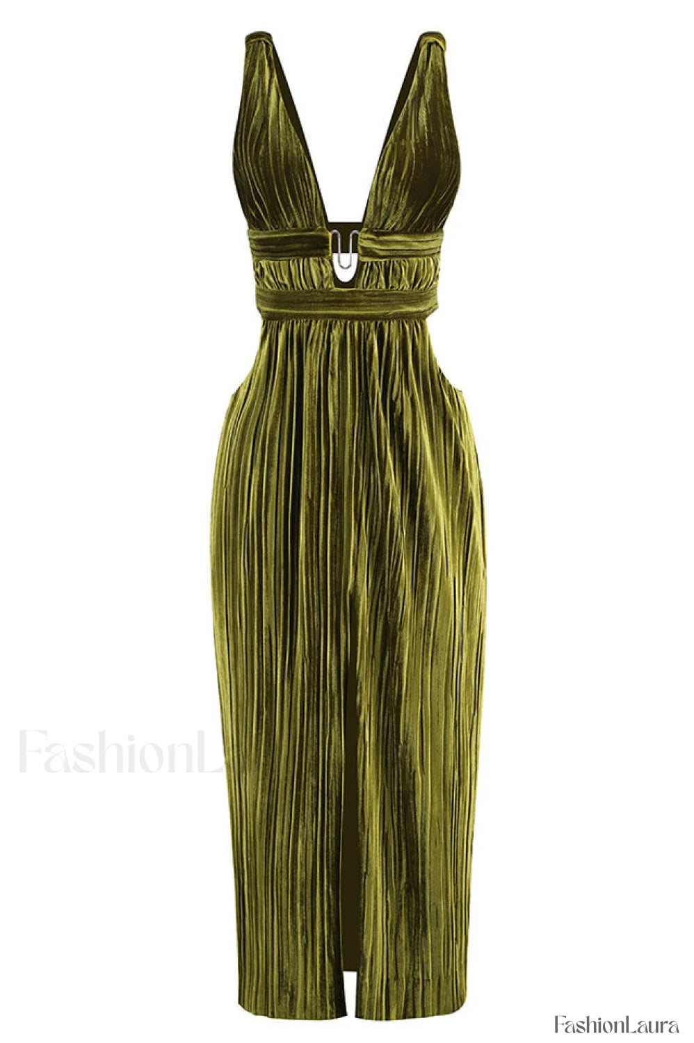 Thyme Velvet Stylish Slit Midi Dress XS / Olive