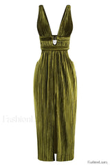 Thyme Velvet Stylish Slit Midi Dress XS / Olive