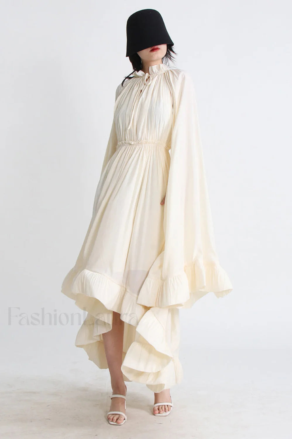 Tie Detailed Stylish Ruffled Crepe Dress