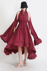 Tie Detailed Stylish Ruffled Crepe Dress S / Burgundy