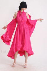 Tie Detailed Stylish Ruffled Crepe Dress S / Fuchsia