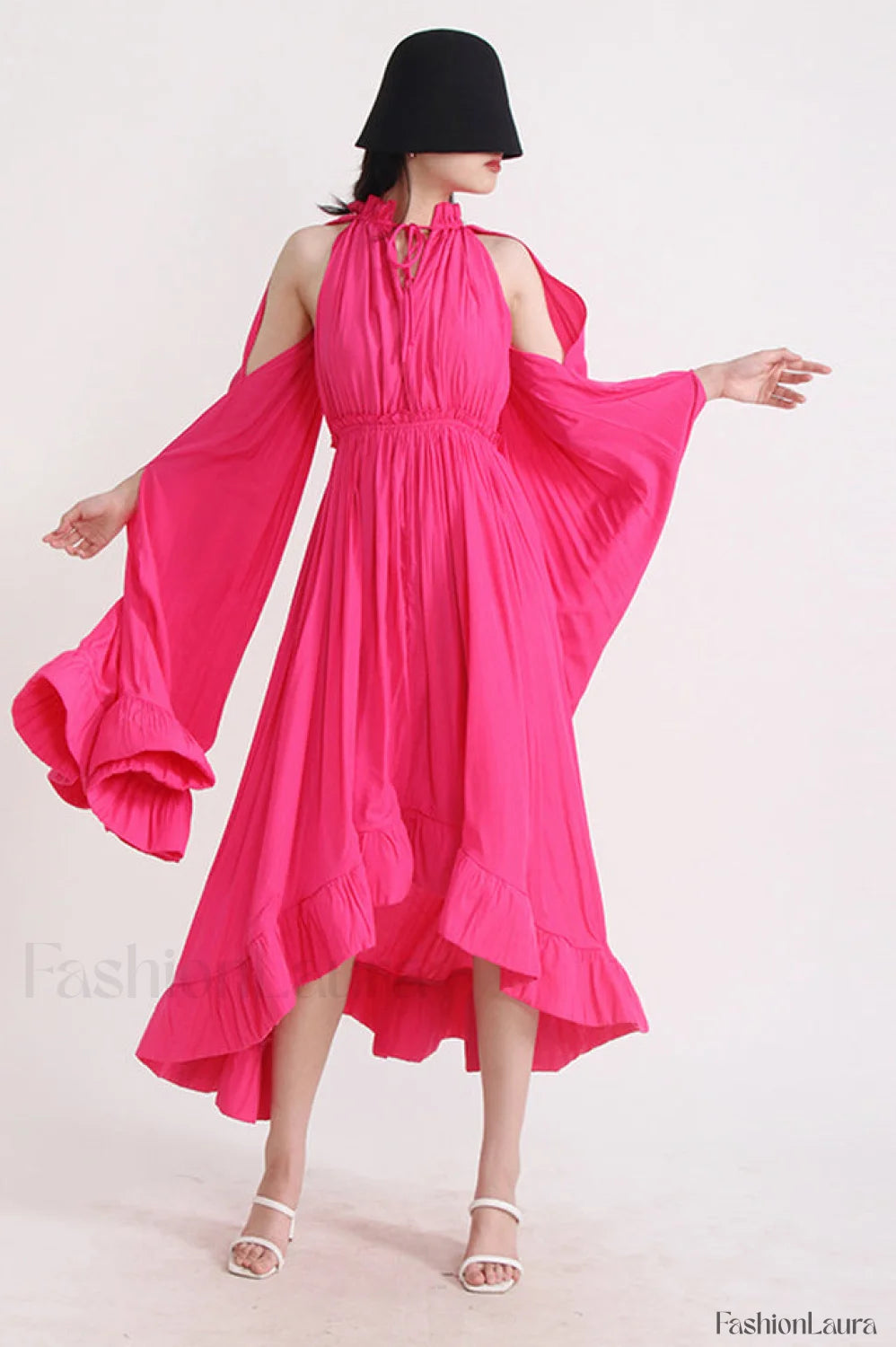 Tie Detailed Stylish Ruffled Crepe Dress S / Fuchsia