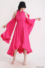 Tie Detailed Stylish Ruffled Crepe Dress S / Fuchsia