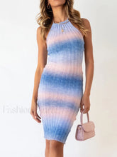 Tie Dye Halter Knit Bodycon Midi Dress Blue / S Midi Dresses