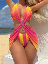 Tie Dye Striped Dress Bikini Three Piece Set Red Yellow / S