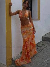 Tie Dye Tassel Skirt Two Piece Set Orange / S