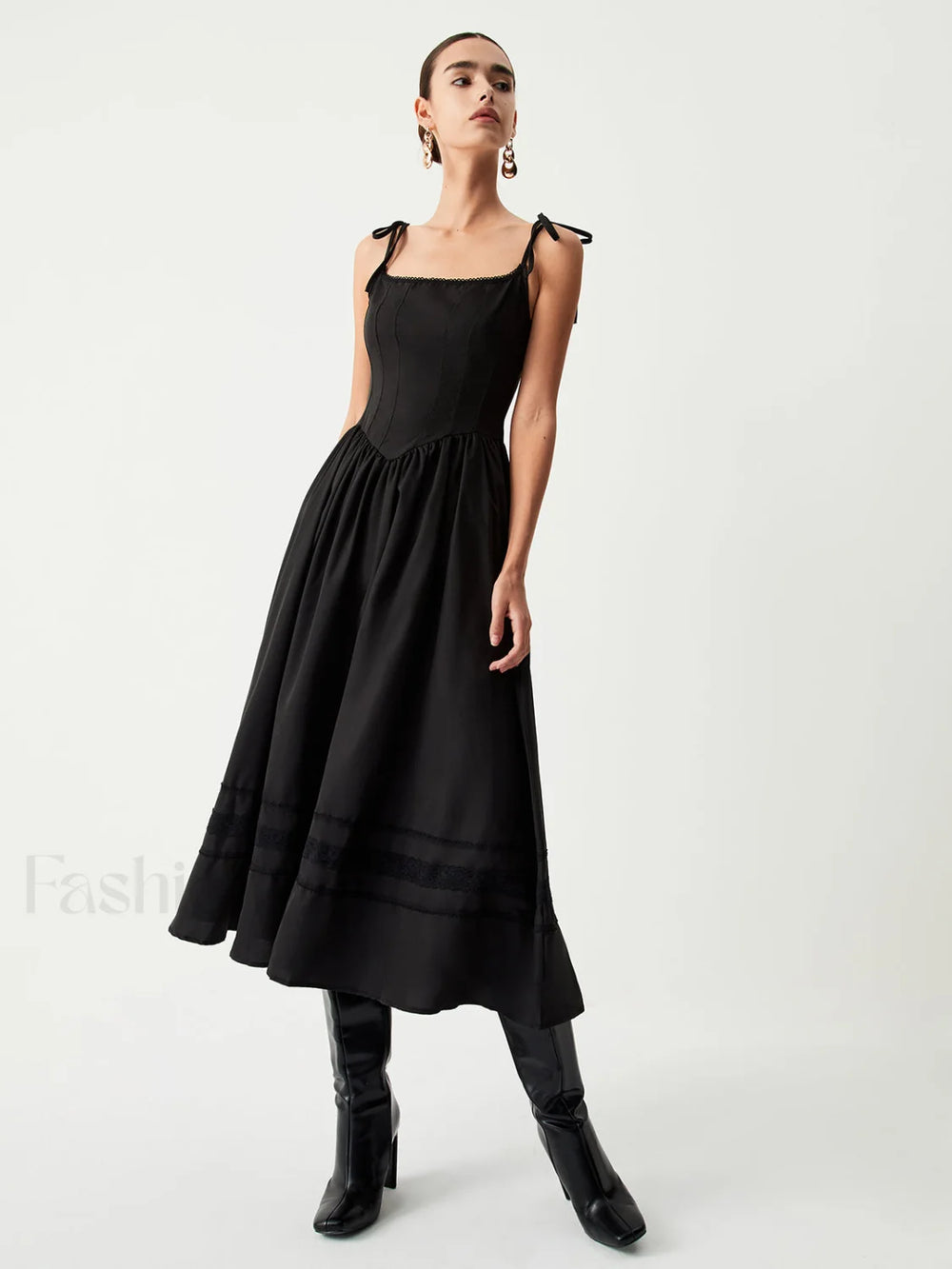 Tie Shoulder Graceful Pleated Midi Dress Black / XS Dresses
