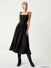 Tie Shoulder Graceful Pleated Midi Dress Black / XS Dresses