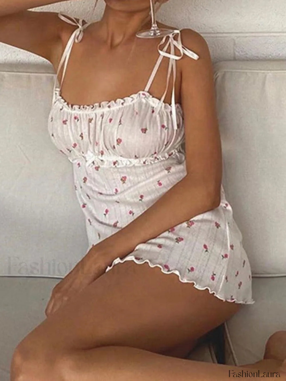 Tie Strap Frill Trim Floral Mini Dress Mini Dresses