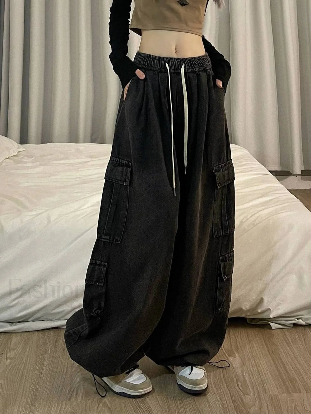 Tie Strap Graceful Baggy Cargo Jeans Black grey / L women clothing