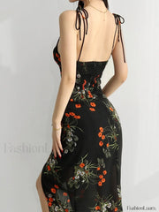 Tie Strap Slit Black Maxi Dress Maxi Dresses