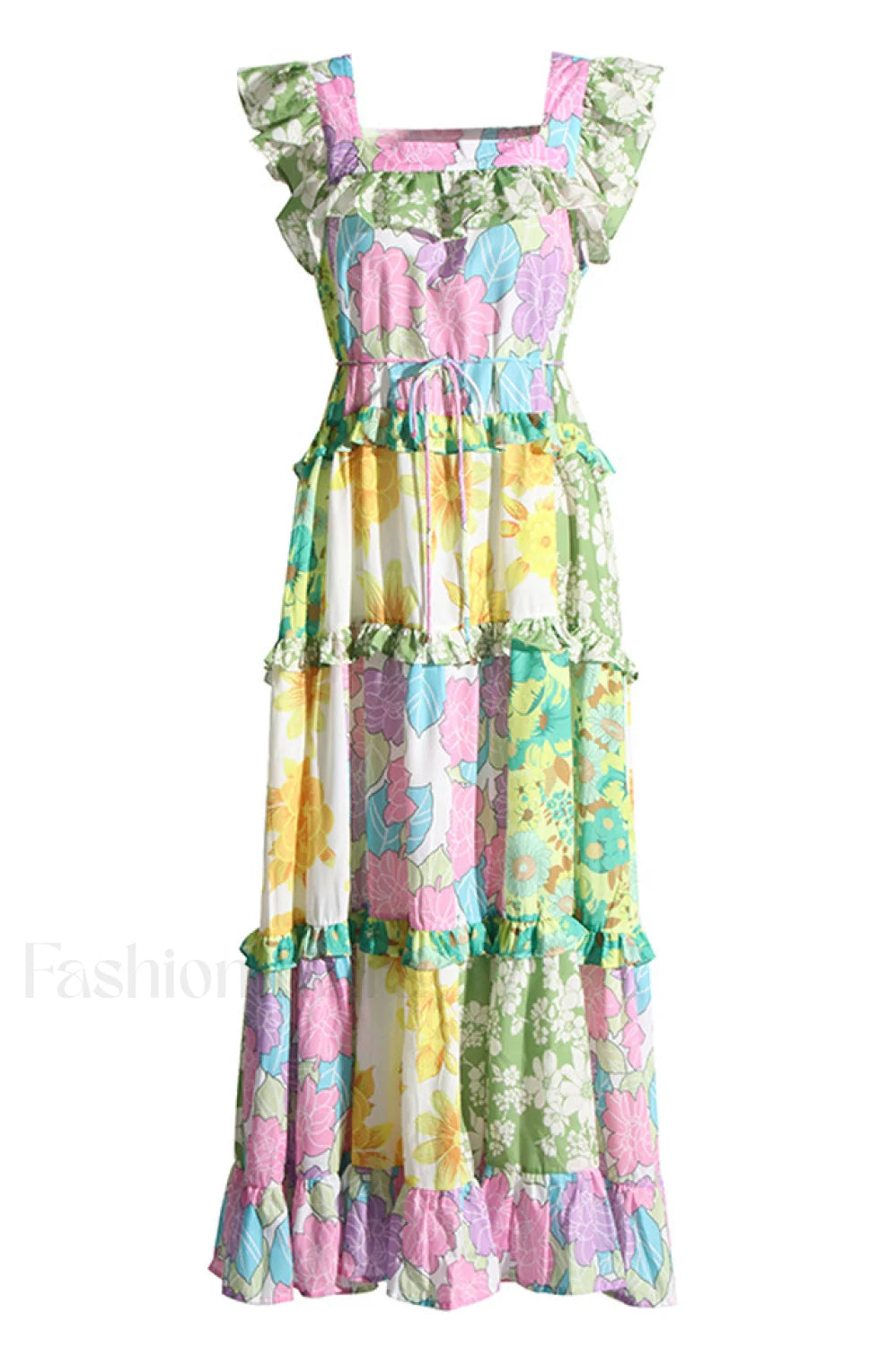 Tiered Patchwork Stylish Midi Dress S / Multi