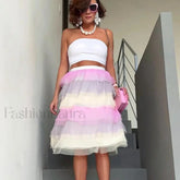 Tricolor Tulle High Waist Skirt PINHK AND WHITE / S