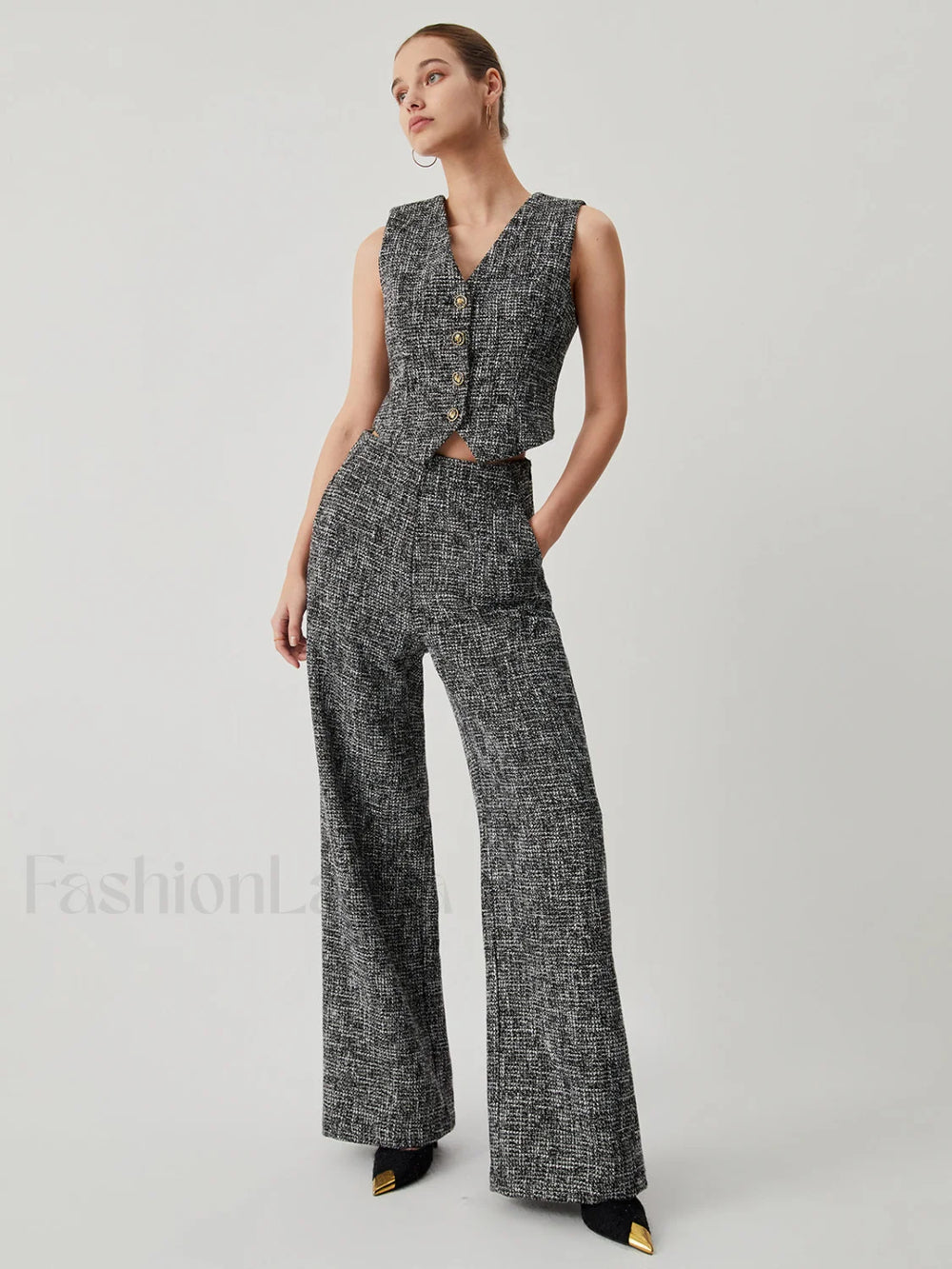 Tweed Metallic Graceful Button Vest Vests