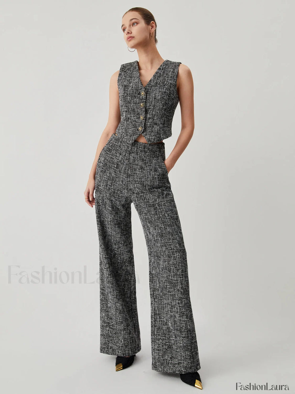 Tweed Metallic Graceful Button Vest Vests