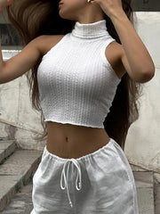 Twist Decor Textured Trendy Turtle Neck Tank Top Tank Tops & Camis