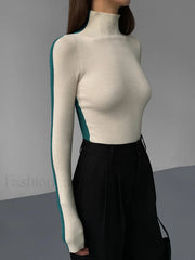 Two Tone Double Sided Modern Long Sleeve Knit Top Sweaters L