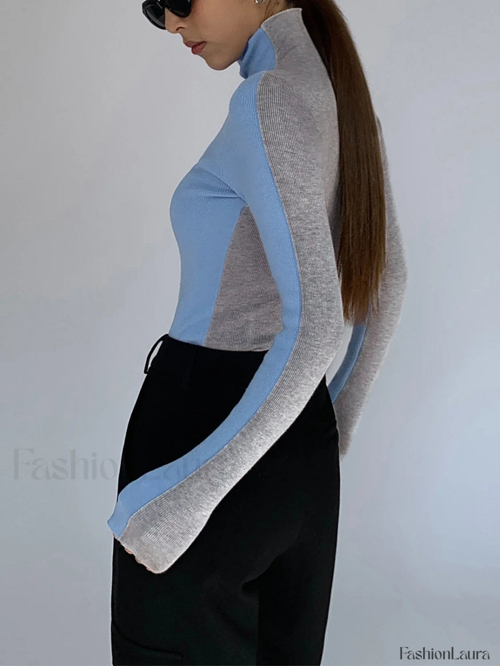 Two Tone Double Sided Modern Long Sleeve Knit Top Sweaters L