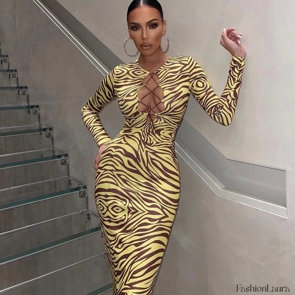 Unique Abstract Long Sleeve Tie Front Cut Out Midi Dress Yellow S / Yellow Party Dresses