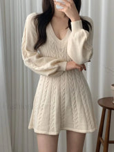 V Neck Cable Knit Long Sleeve Mini Dress Mini Dresses