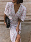 V Neck Contrast Floral Dress WHITE / S