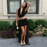 V Neck Crop Top Skirt Two Piece Set Black / S