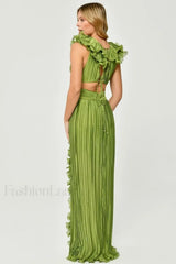 V Neck Cut Out Pleated Charming Split Maxi Dress