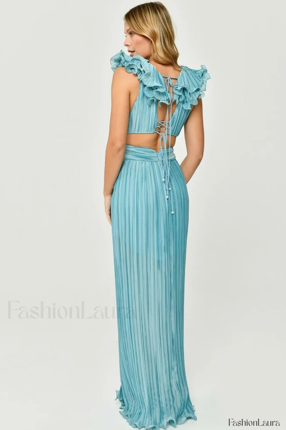 V Neck Cut Out Pleated Charming Split Maxi Dress