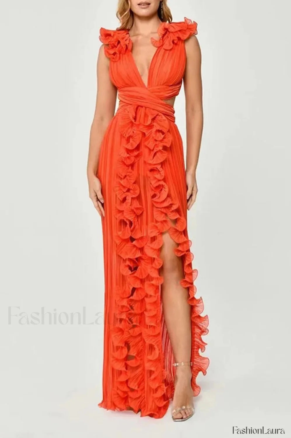 V Neck Cut Out Pleated Charming Split Maxi Dress S / Orange