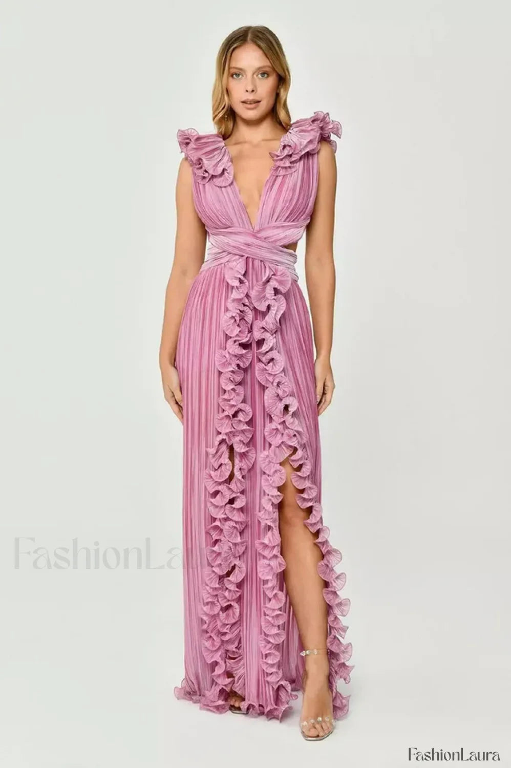 V Neck Cut Out Pleated Charming Split Maxi Dress S / Pink