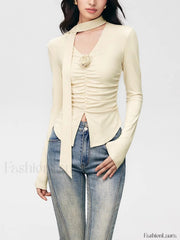 V neck Draped Floral Detail Modern Blouse with Matching Scarf Yellow / XS Blouses