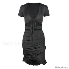 V Neck Floss Strap Ruched Bodycon Party Mini Dress Black M / Black Party Dresses L