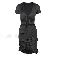 V Neck Floss Strap Ruched Bodycon Party Mini Dress Black M / Black Party Dresses L