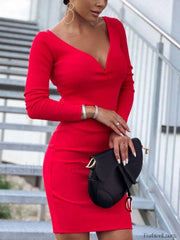 V Neck Long Sleeve Midi Dress Red / S Midi Dresses