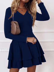 V Neck Long Sleeve Ruffle Midi Dress Blue / S Midi Dresses