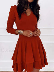 V Neck Long Sleeve Ruffle Midi Dress Red / S Midi Dresses
