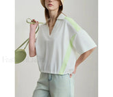 V Neck Loose Short Sleeve Cotton T Shirt Beige / S