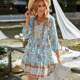 V Neck Mini Print Boho Dress SKY BLUE / S