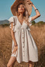 V Neck One Row Button Flared Pastoral Mini Dress Khaki / XS