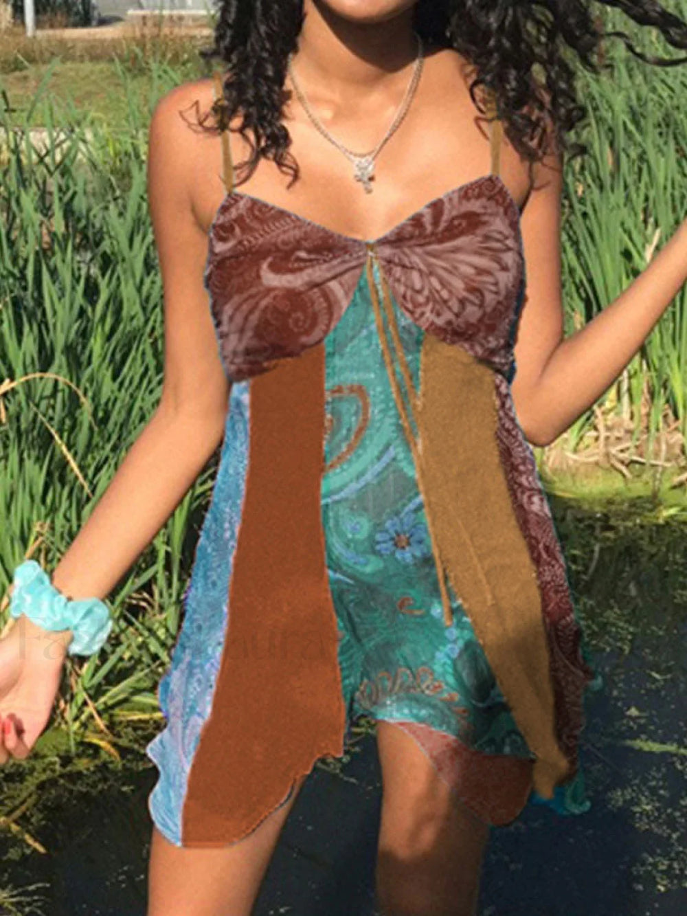 V Neck Patchwork Mini Dress Mini Dresses