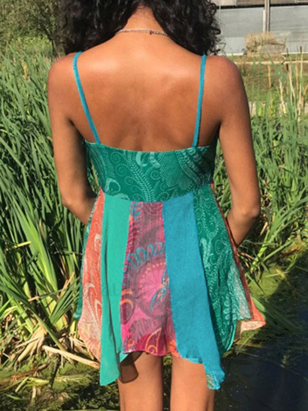 V Neck Patchwork Mini Dress Mini Dresses