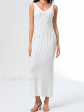 V Neck Strap Backless Knitted Maxi Dress white / S