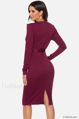 V Neck Wrap Charming Tied Waist Slit Dress
