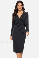V Neck Wrap Charming Tied Waist Slit Dress S / Black