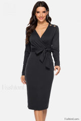 V Neck Wrap Charming Tied Waist Slit Dress S / Black