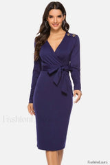 V Neck Wrap Charming Tied Waist Slit Dress S / Purple
