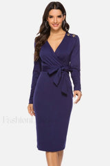 V Neck Wrap Charming Tied Waist Slit Dress S / Purple