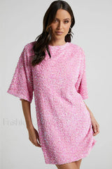 Velour Sequins Stylish Mini Dress S / Pink